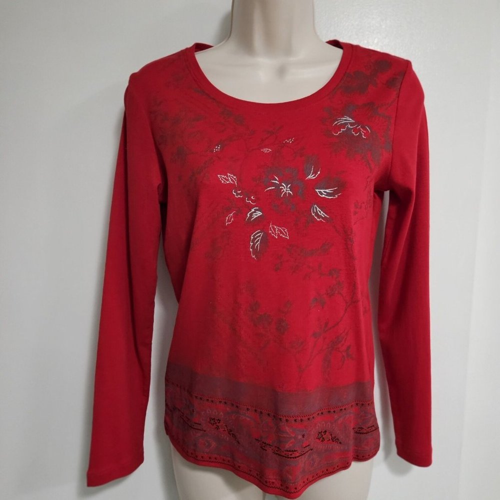 Northern Reflections Size Petite Small Red Paisley Long Sleeve T-shirt Top NEW